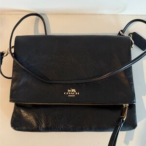 Coach Black Leather Crossbody/Foldover Bag with Gold Hardware